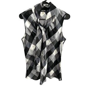 Nine West Sleeveless Tie Neck Black Gray Diamond Print Blouse Sz M